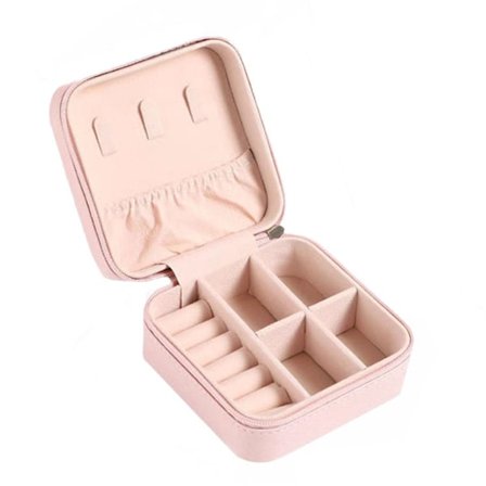 Bærbar smykkeskrin med flere rutenett, lett mini reisesmykkeboks med glidelås for hjemmetur, rosa