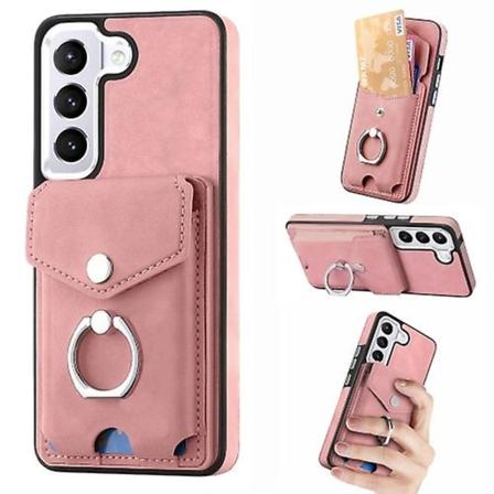 For Samsung Galaxy S23 Ultra 5g Galvanisering Hudfølelse Lær Ring Kortlomme Mobiltelefon Deksel Pink