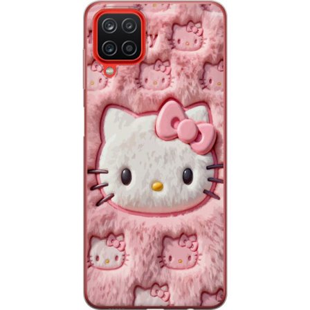 Kompatibelt Mobildeksel til Samsung Galaxy A12 Hello Kitty rosa fluffy bakgrunn med ikoniskt ansikt og kawaii-estetikk