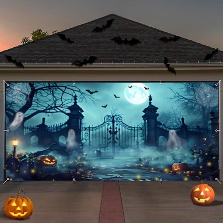 QQ-7x16ft Läskig Halloween Garage Bakgrund – Kyrkogård Gravplats Spökbanderoll för Utomhusdekor