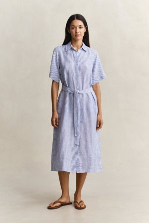 GANT Damen Gestreiftes Hemdblusenkleid aus Leinen (46) Blau