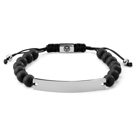 Pulsera de cuentas de ónix de longitud ajustable con placa de acero inoxidable en tono plateado para hombres - Pulseras de acero