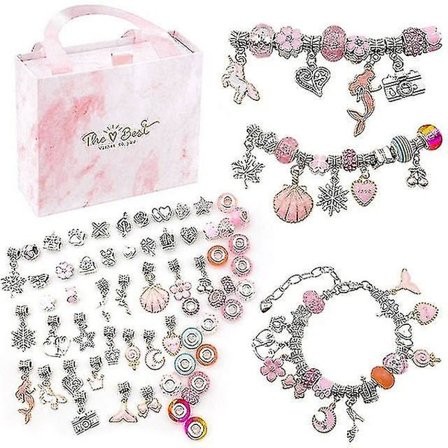 64 st charm armband halsband present Pandora legering kralen set Diy barn armband(Rosa)