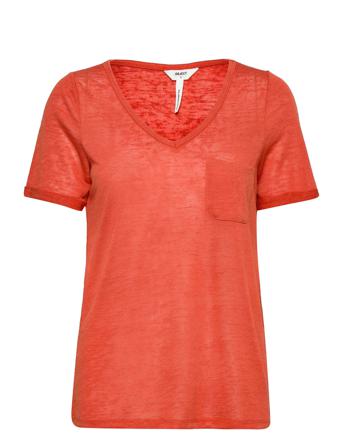 Objtessi Slub S/S V-Neck T-shirts & Tops Short-sleeved Orange Object