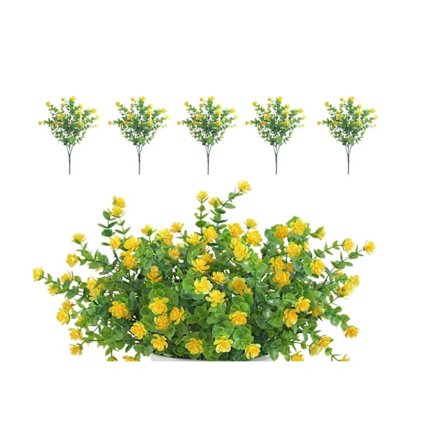 (Gul) 5 Buketter Kunstige Blomster, Grønne UV-bestandige for Utendørs, Innendørs, Balkong, Hage, Kontor, Bryllup, Festdekorasjon.
