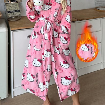 Sanrio Hello Kitty Pink Dame Morgenkåbe, Loungewear Kjole, Elegant Plys Varme, -Foret for Hygge, Essentiel til Efterår og Vinter