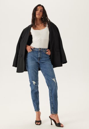 Pieces - Pckesia Mom Hw Ank Dest Mb235 - Medium Blue Denim - Kläder - - Bubbleroom