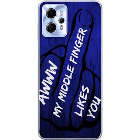 Kompatibelt Mobildeksel til Motorola Moto G13 Mørk typografisk illustrasjon med hjerteform og budskap om vennskap mot dyp blå tretekstur