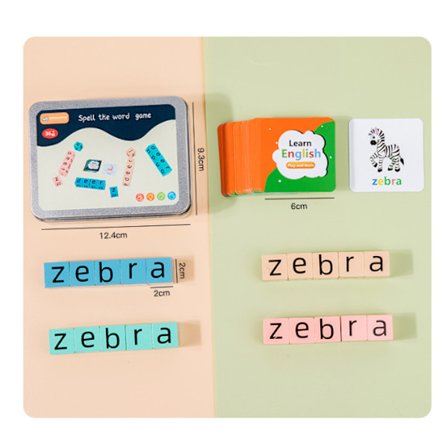 Stavespill, treleke for utdanning med eske og ordkort, gave til barn liten metallboks