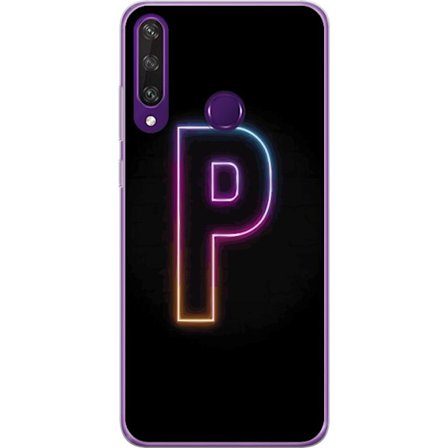 Kompatibel Mobilcover til Huawei Huawei Y6p Minimalistisk neonbogstav P i farvegradient og lyseffekt mod sort baggrund i digital neonstil