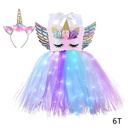 Barnens Glimmande Enhörningsdräkt Barn Färgglada LED-Ljus Sekvens Födelsedagsfestklänningar Glansig Prinsessa Cosplay Klänning