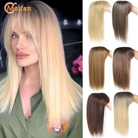 MEIFAN Långt rakt hår Toppers Clip Hair Extensions Syntetiskt hår Topper Natural Black Brown 3-Clip with Bang Fake Hairpiere