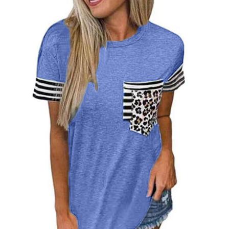 T-shirt För Kvinnor Med Rund Hals, Kort Ärm Randig Färgblock Leop