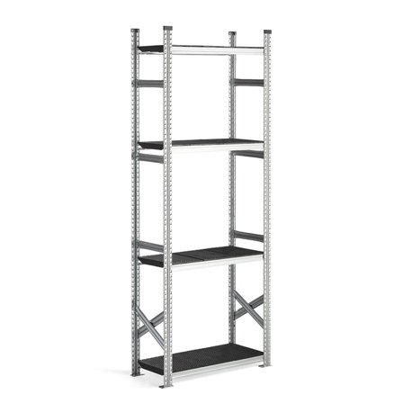 Reol grunnseksjon med sorte plasthyller, 2500x900x400 mm