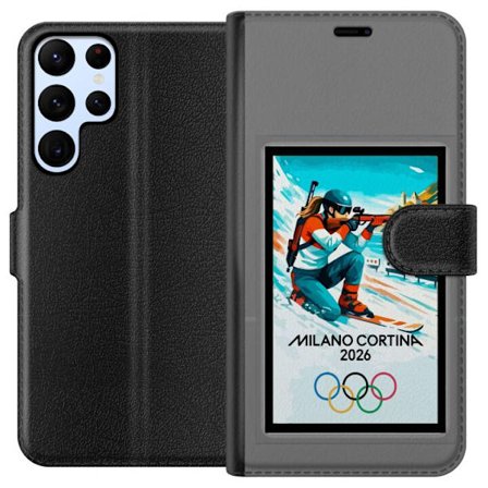 Yhteensopiva Lompakkokotelo Samsung Galaxy S22 Ultra 5G Retrojuliste Cortina Milano 2026 vuorilla, talviurheilijoilla, italiankoloreilla, Milanon tuom
