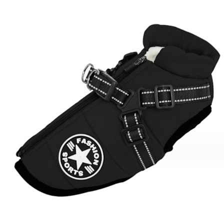 Varm Vandtæt Jakke med Sele Hund Vinter Behagelig Bomuldstøj Tykkelse Vest til Små og Mellemstore Hunde Sort 2XL