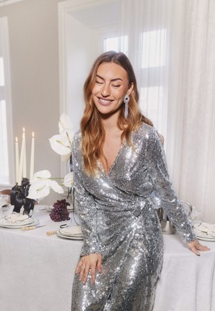 VILA Juliana Wrap Midi Sequins Dress Silver Colour Klær