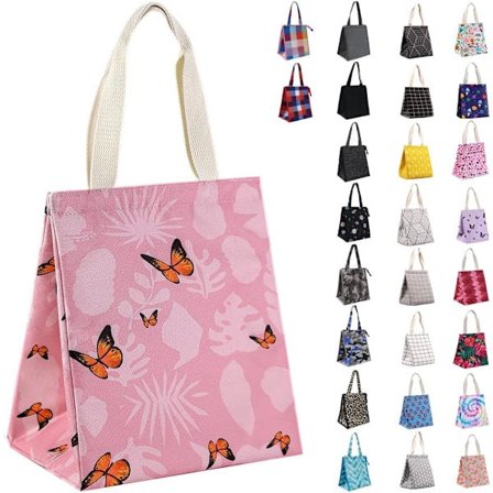 Isolerad Lunchväska för Kvinnor, Hållbar, Lunchväska med Innerfickor, Vattentät, Termisk Kylväska för Vuxna Rosa Fjärilar