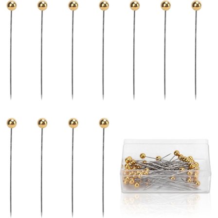 Synålar, 100 stycken, raka nålar, pärlemorkula, guldfärgade nålar, raka quiltningsnålar med förvaringslåda för smycken