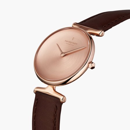Nordgreen Women's Minimal Classic Danish Watch - Rose Gold Case - Brushed Metal Dial - 32mm Dark Brown Leather Strap White Dial Unika