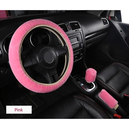 (3-delars-Rosa) Universal Plysch Ratt Bil Ratt Skydd Vinter Faux Päls Handbroms & Växelspaksskydd Set Biltillbehör