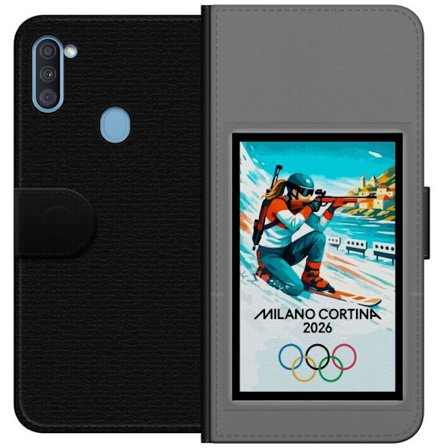 Yhteensopiva Lompakkokotelo Samsung Galaxy A11 Retrojuliste Cortina Milano 2026 vuorilla, talviurheilijoilla, italiankoloreilla, Milanon tuomiokirkoll