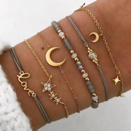 6 tähden ja kuun boho-kristalli- ja jalokivihelmirannekkeen sarja
