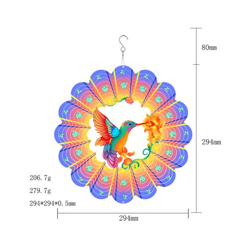 3D Kinetic Wind Spinner - Lila & Orange Iris & Hummingbird Design