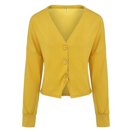 Bomullsdamtröja med V-ringning, löst sittande, enfärgad, casual, 15 färger Yellow L