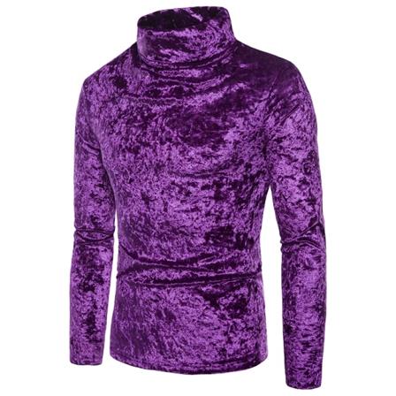 Herr sammet Velour Långärmade T-shirts Turtleneck Slim Fit Pullover Top Purple XL