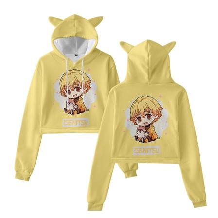 Dam Demon Slayer Hoodie Sweatshirt Öron Hooded Crop Top Kort T-Shirt Blus C L