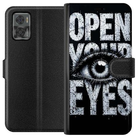 Kompatibel Tegnebogsetui til Motorola Motorola Moto E22i Mørk typografisk illustration med øje og teksten Åbn dine øjne, stærk kontrast og rå ku