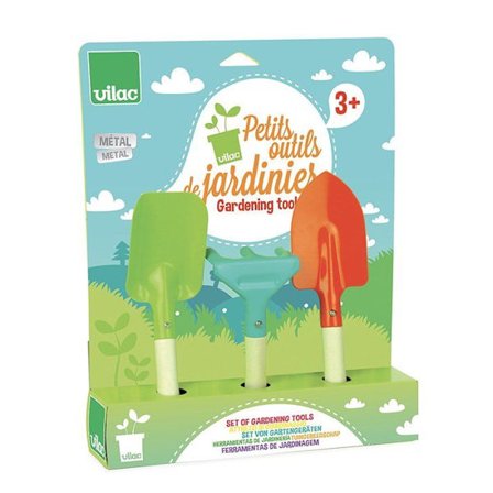 Set med 3 VILAC trädgårdsredskap för barn i trä och metall - spade, kratta, hacka - grön