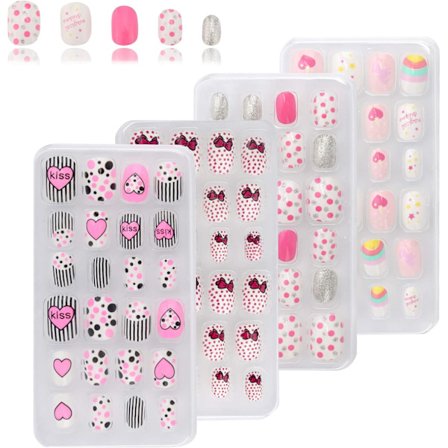 96 stycken, 4 lådor med korta konstgjorda naglar, förlimmade färdiga set, söt present till flickor, nagelkonstdekoration för barn