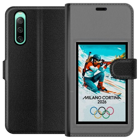 Yhteensopiva Lompakkokotelo Sony Xperia 10 IV Retrojuliste Cortina Milano 2026 vuorilla, talviurheilijoilla, italiankoloreilla, Milanon tuomiokirkolla