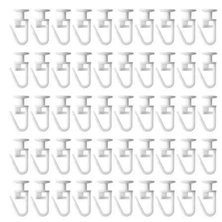 50 kpl Valkoisia muovisia verhokiskon lukittavia koukkuja kotiin, toimistoon ja hotelliin