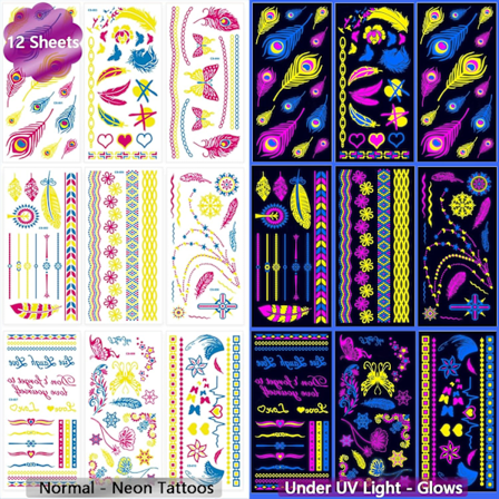 Neon Temporära Tatueringar, Självlysande UV Neon Tatueringar Klistermärken, Vattentäta Tatueringar för Vuxna Barn Party Dekoration
