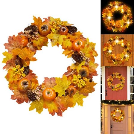 Krans Halloween Høst 45 cm med LED – Kunstige gresskar, lønneblader & kongler, dør- og hagedekorasjon_tfrf