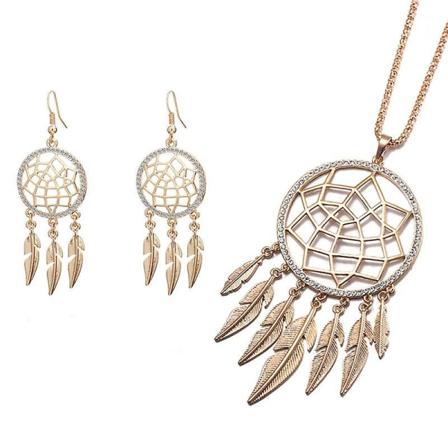 Lång tofs Löv Fjäder Halsband Örhänge Ihåliga Smycken Drömfångare Hänge Halsband För Kvinnor White K Earring