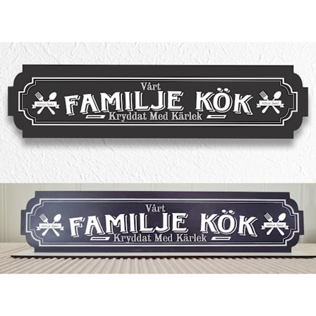 Familje Kök svart skylt - köksskylt med stativbasen 35x80mm