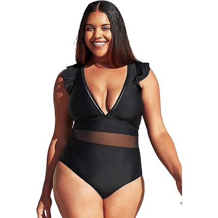 Kvinnor Plus Size Baddräkt One Piece V-hals Ruffle Mesh Baddräkt Simning