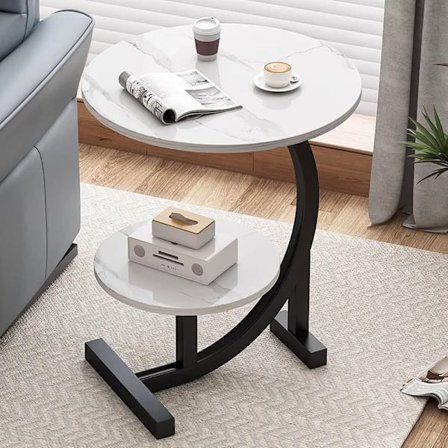 Moderne C-formet Sidebord – 2-lags Rundt Sofabord med Træhylde & Stålramme, Stabil & Let at Rengøre