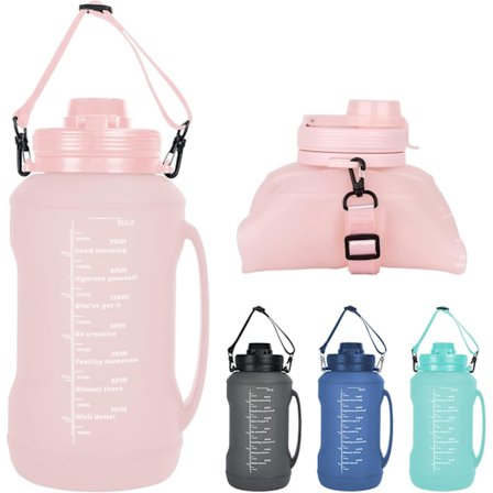 Sammenleggbar vannflaske med sugerør - Stor halv gallon for reiser, sport, løping, yoga (2L/64oz, Oppgradert rosa)