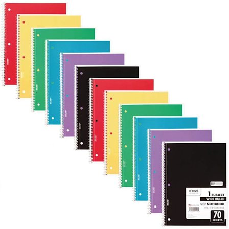 Mead Spiralblock, 12-pack, 1-ämne, bredrandigt papper, 10-1/2" x 8", 70 blad per block, färg varierar