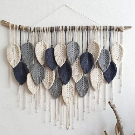 Väggbonad med fransar och blad, vävd gobeläng i boho-stil