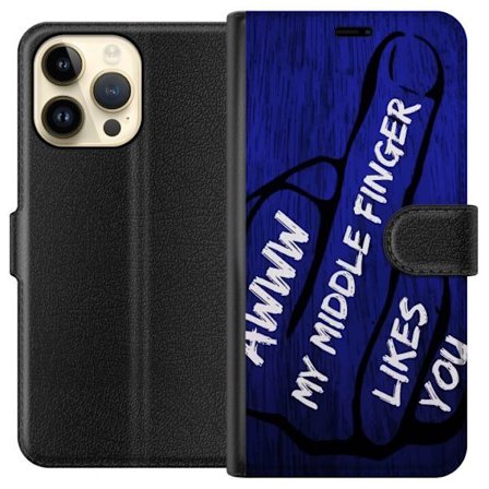 Kompatibelt Lommeboketui til Apple iPhone 14 Pro Max Mørk typografisk illustrasjon med hjerteform og budskap om vennskap mot dyp blå tretekstur