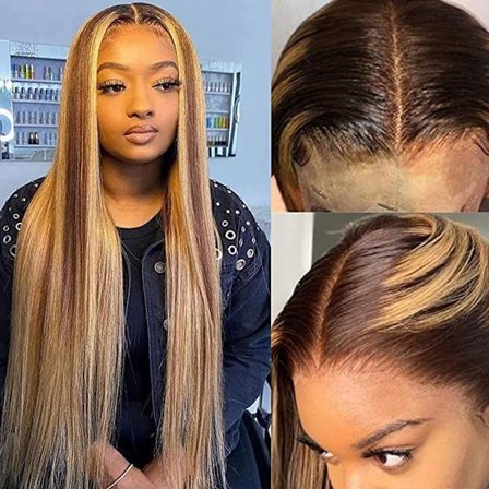 Lige Høj Glans Lace Front Paryk 22 Tommer, Passer til Sorte Kvinder med Brunt til Blondt Hår Parykker, Sømløs Lace Front Paryk, Pre-Comb Densitet for 