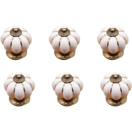 ING Seks Græskar Keramiske Håndtag - Græskar Dørhåndtag - Med Skruer - Til Døre, Køkkenskabe - Hvid