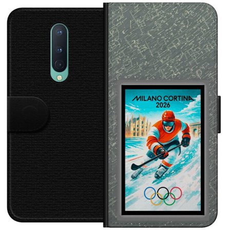 Yhteensopiva Lompakkokotelo OnePlus 8 Curlingkuvitus pelaajilla ja kivillä jäällä, Milano Cortina 2026, lumisia roiskeita ja olympiasormukset