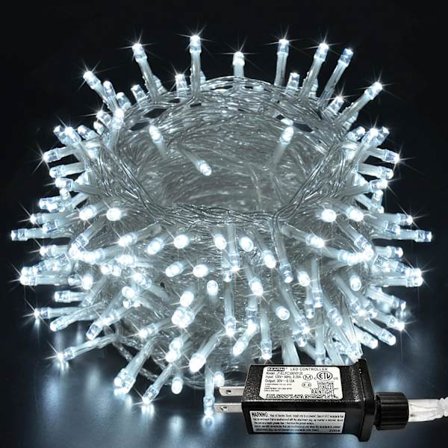 Julelys, Udtrækkelige Vandtætte 8 Tilstande Blinkende Lys til Indendørs og Udendørs Dekoration, Varm Hvid, 20m Klar Kabel, Kan Sammenkobles, Timer